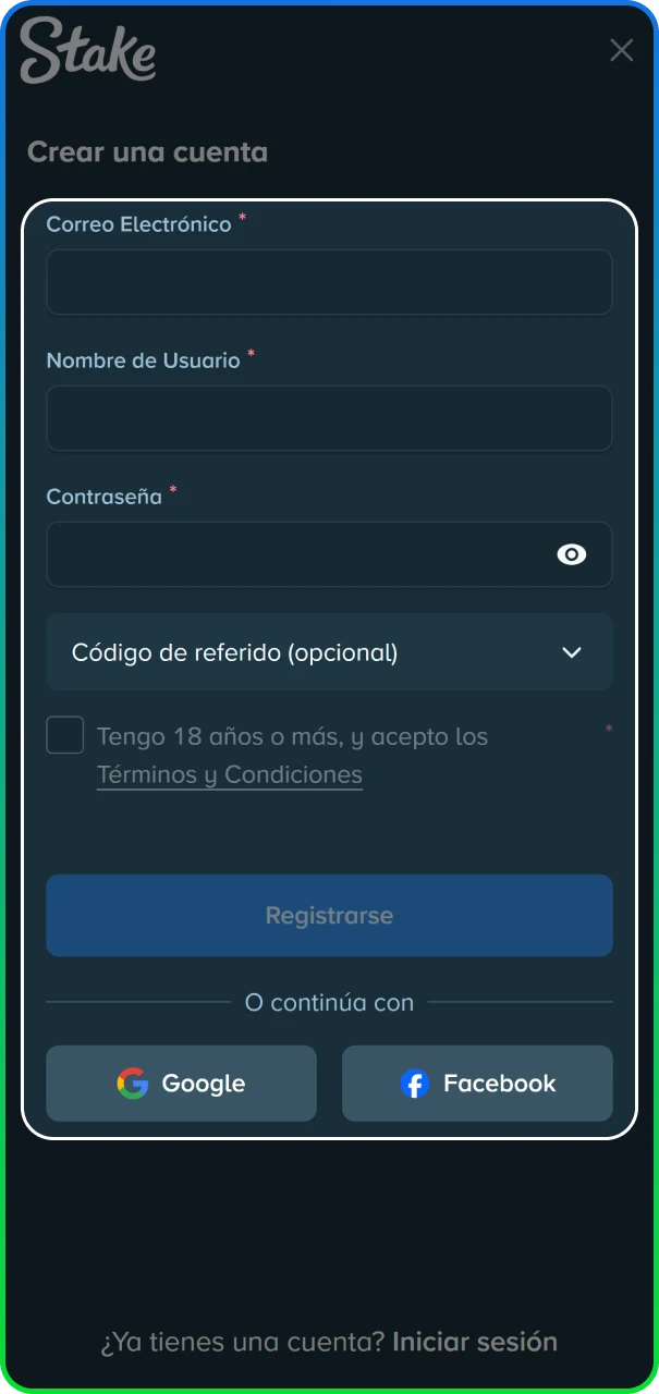 Formulario de apertura de cuenta personal en el sitio oficial de Stake.